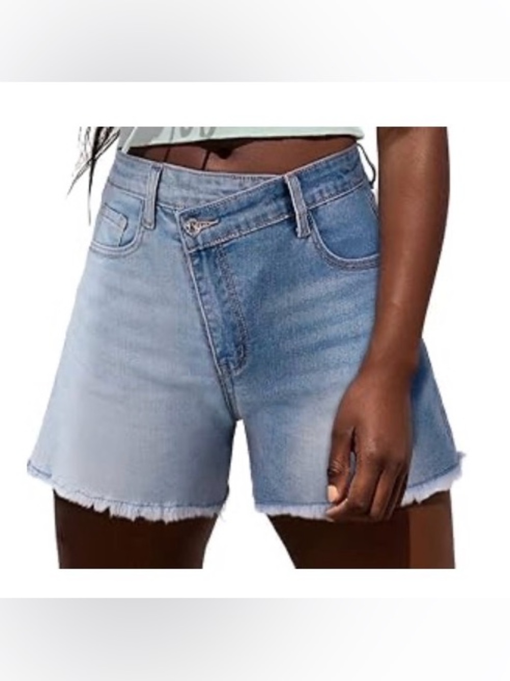 Two-Tone Women's Denim Shorts - Light Blue & Medium Blue cross over jean shorts